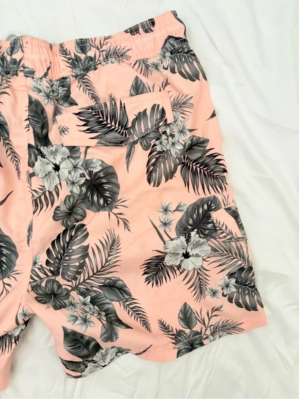 Men's Pink Tropical Floral Swim Trunks with Black Print